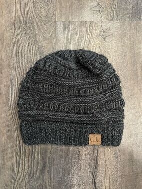 C.C Charcoal Ribbed Knit Beanie with Leather Logo